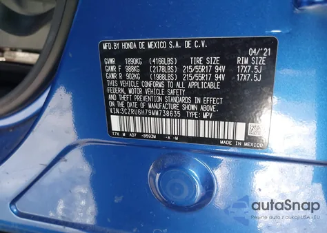 2021 Honda Hr-V Awd Ex-L from USA, damaged, VIN 3CZRU6H79MM738635